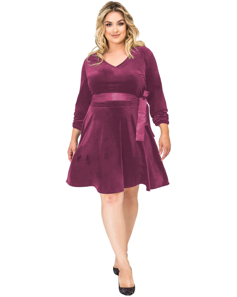 Front of a model wearing a size 2X Womens Stretch Velvet V-Neck Satin Belt Aline Dress in ROSE by Standards & Practices. | dia_product_style_image_id:280903